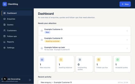 The ClientKing dashboard showing enquiries needing attention, follow-up tasks and job stats